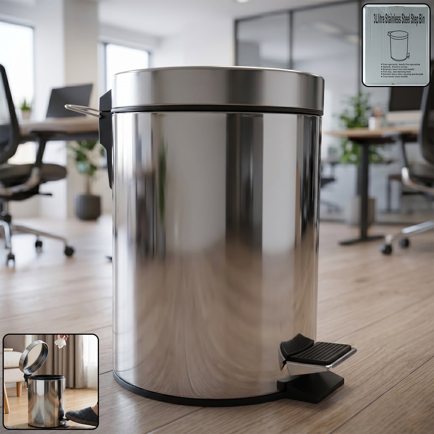 Wukusy premium stainless steel pedal dustbin with close lid, 3-liter capacity, sleek modern design, suitable for kitchen or bathroom use.