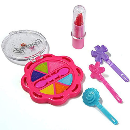Colorful Wukusy 1908 Beauty Make Up Set for Kids Girls with foldable suitcase, featuring toy makeup and accessories in vibrant shades.