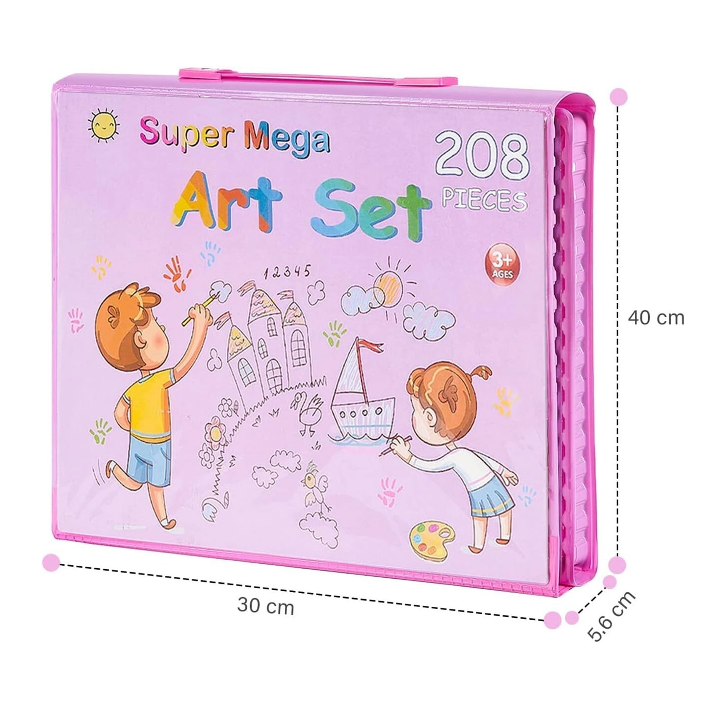 Wukusy Super Mega Art Craft Drawing Coloring Kit with 208 pieces including crayons, markers, colored pencils, and drawing accessories.
