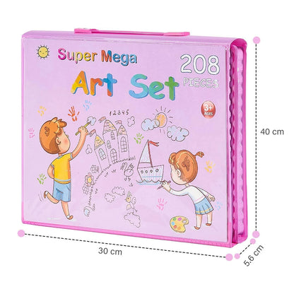 Wukusy Super Mega Art Craft Drawing Coloring Kit with 208 pieces including crayons, markers, colored pencils, and drawing accessories.