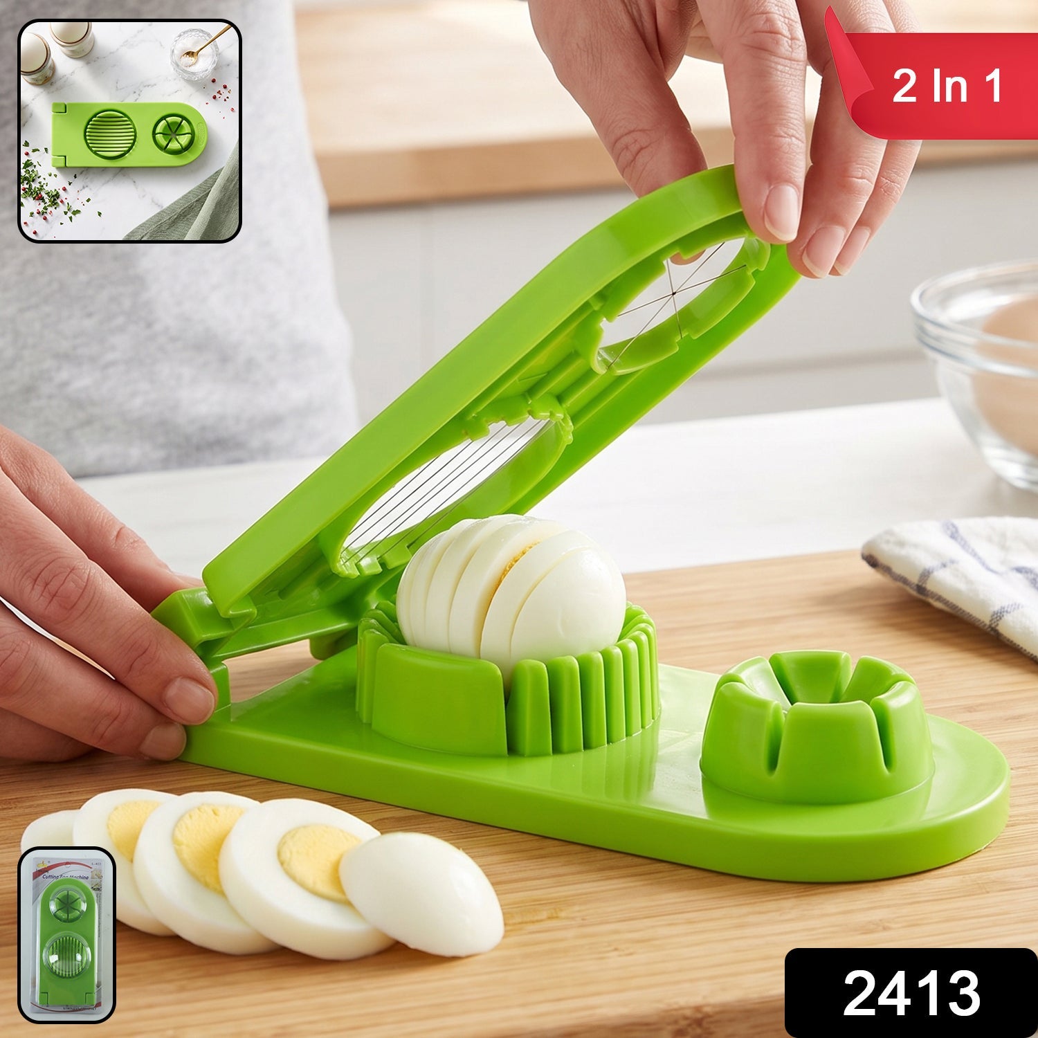 Wukusy 2-in-1 egg slicer and wedger with stainless steel wire for boiling eggs, compact kitchen tool for slicing and wedging eggs.