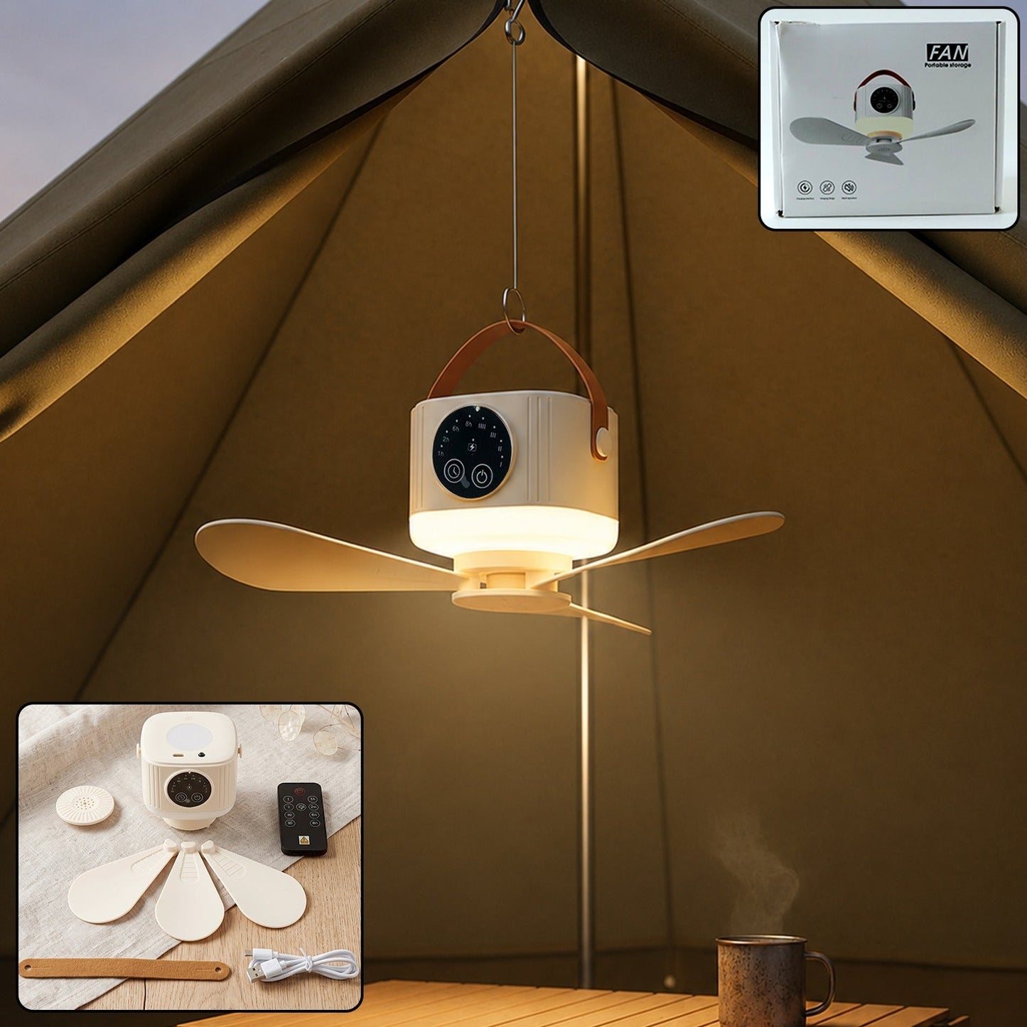 Wukusy 3-in-1 rechargeable camping fan with LED light, timer, and hanging hook, showing the fan and LED light in use outdoors