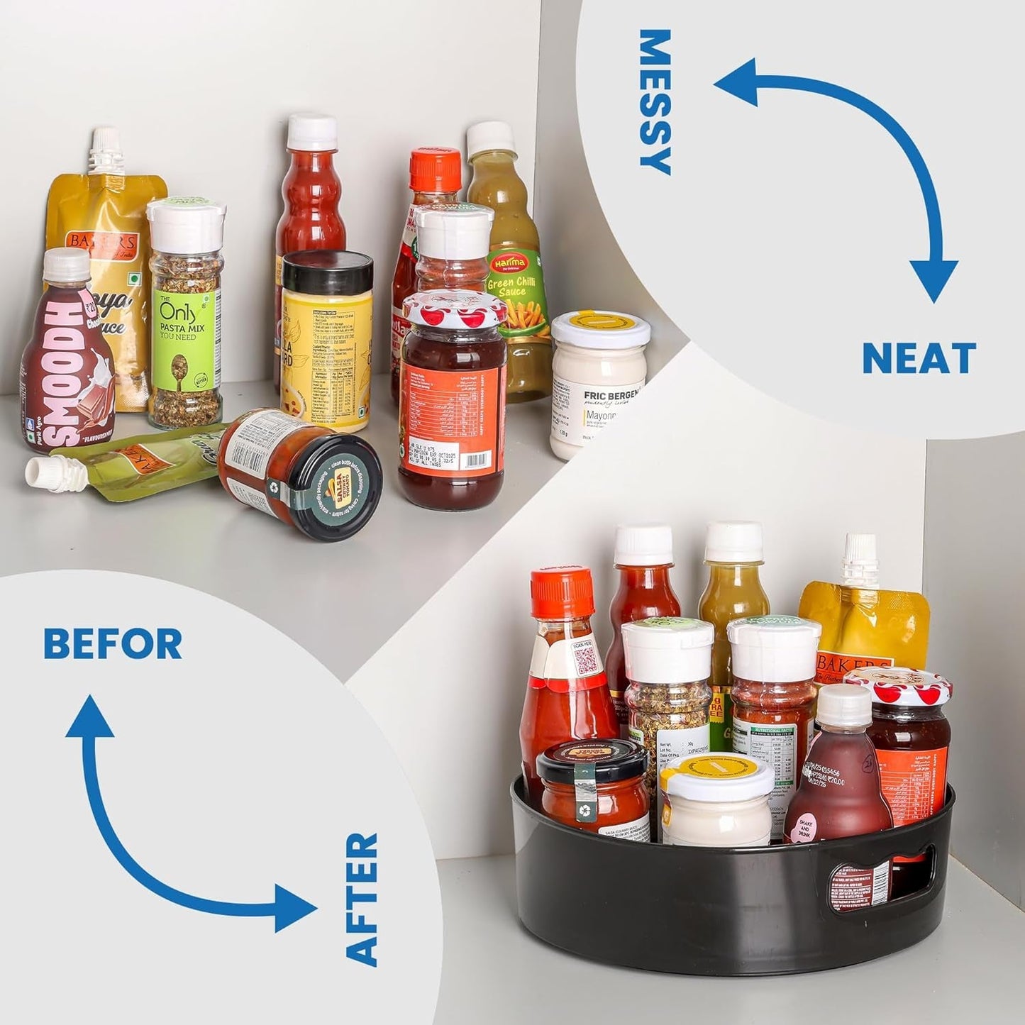 Wukusy rotating round storage tray organizer with multiple compartments, ideal for kitchen, bathroom, or desk organization.
