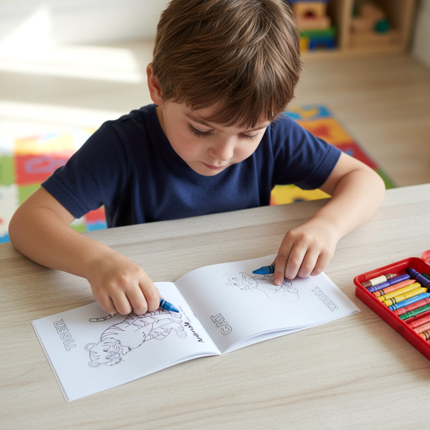 Wukusy kids animal theme coloring book set with five colorful books featuring various animal illustrations and designs.