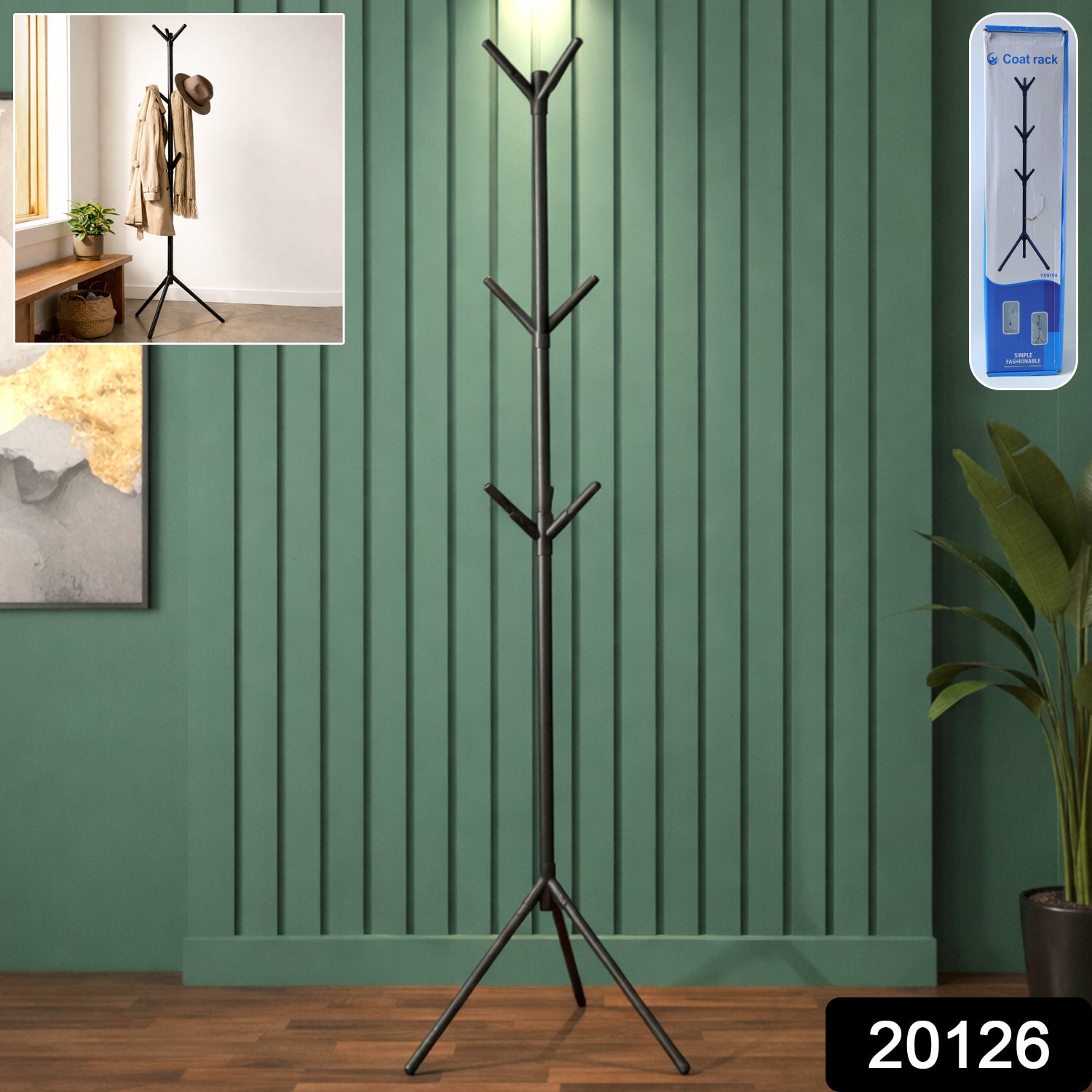 Wukusy floor-standing metal coat rack stand with multiple hooks for hanging coats, hats, and accessories in a modern entryway.