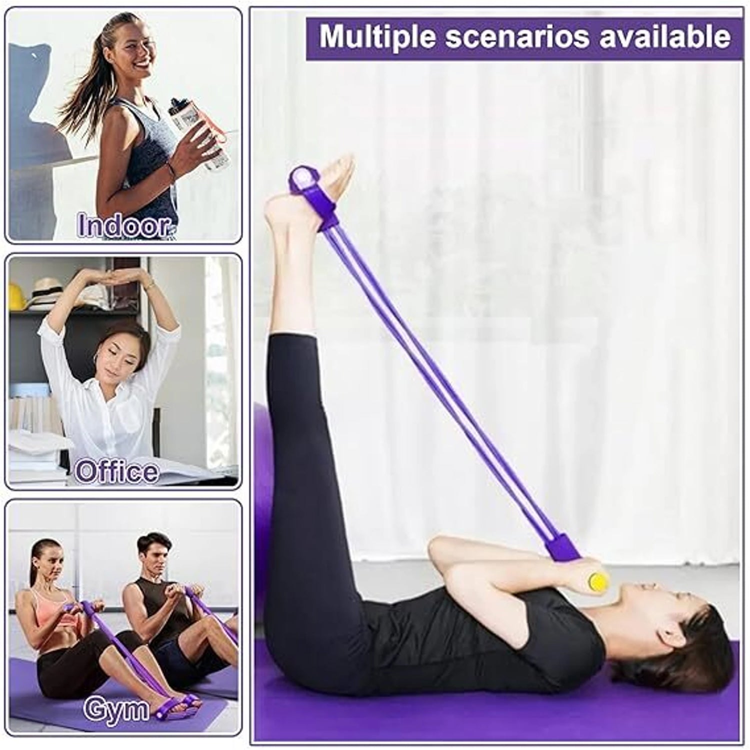 Wukusy portable pull rope resistance exerciser with foot pedal support, shown with handles and adjustable resistance settings.