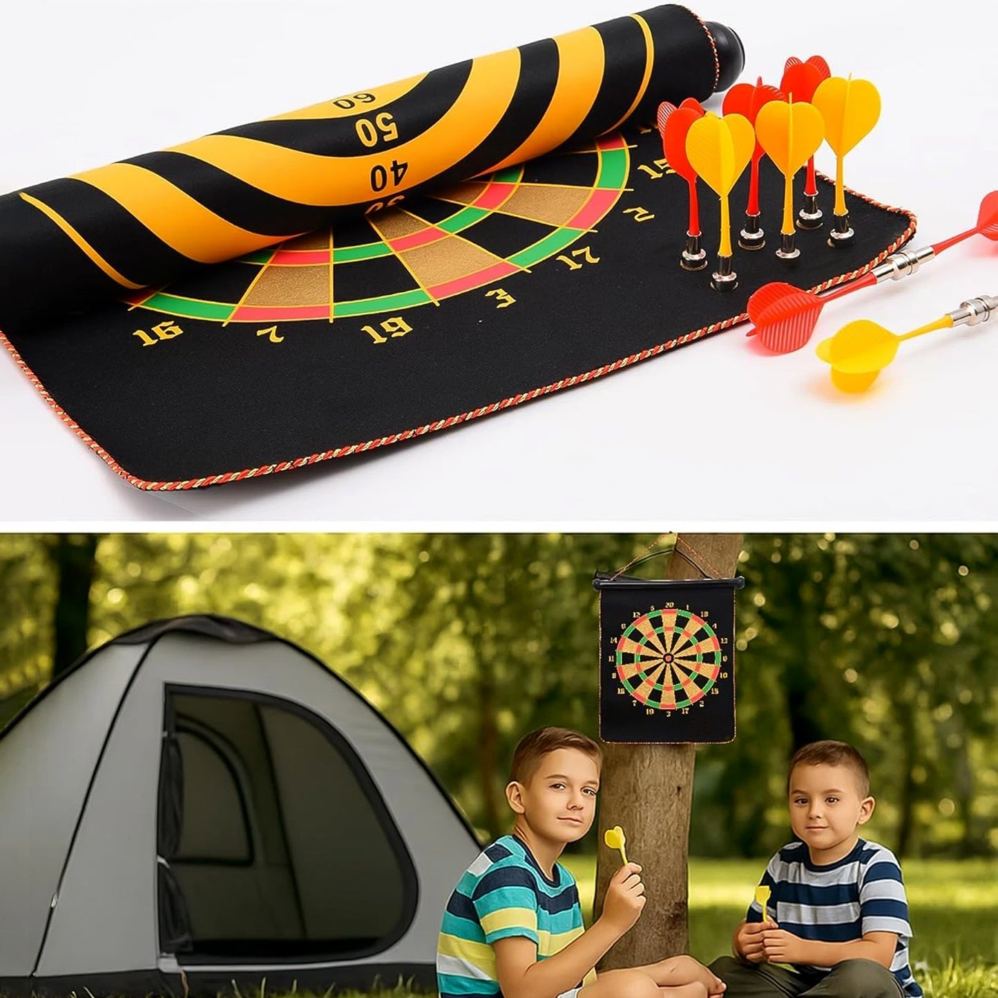 Wukusy 12-inch Magnetic Roll-up Dartboard game with colorful magnetic darts on a flat surface for kids' play.