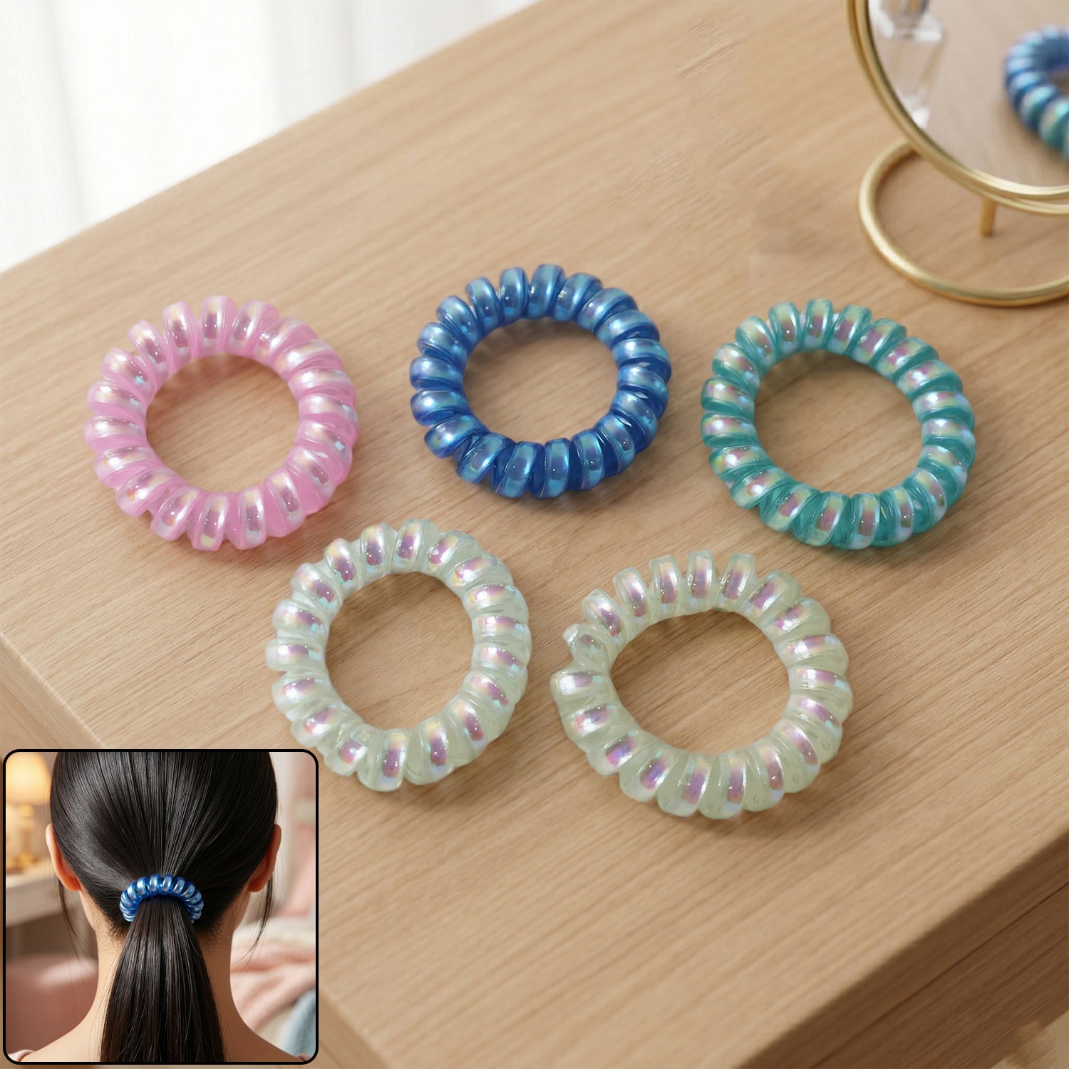 Set of five Wukusy soft stretchable telephone wire style hair bands in mixed colors, ideal for securing hair comfortably.