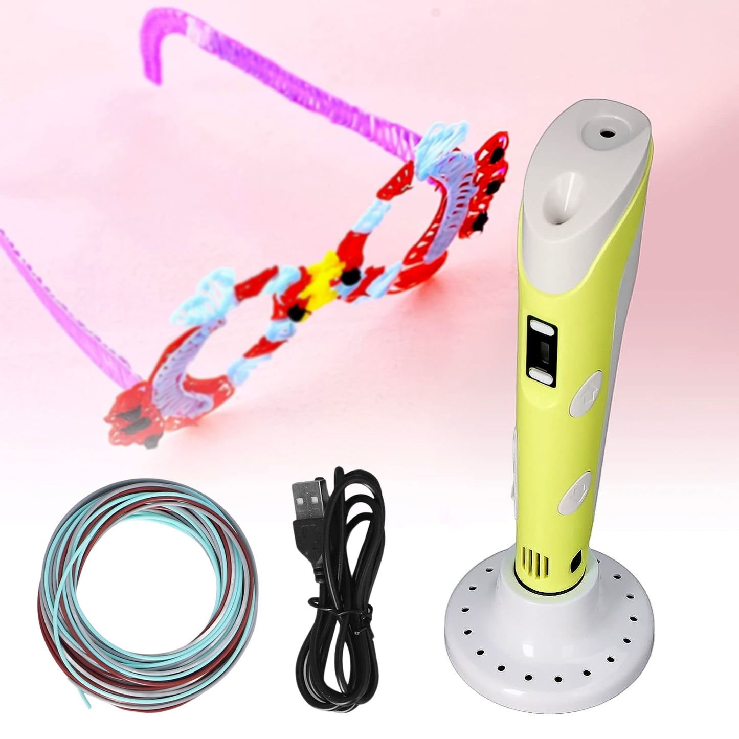 Wukusy 3D printing pen set for kids and adults, easy drawing pen, office-use 1-piece, shown in image with colorful filament.