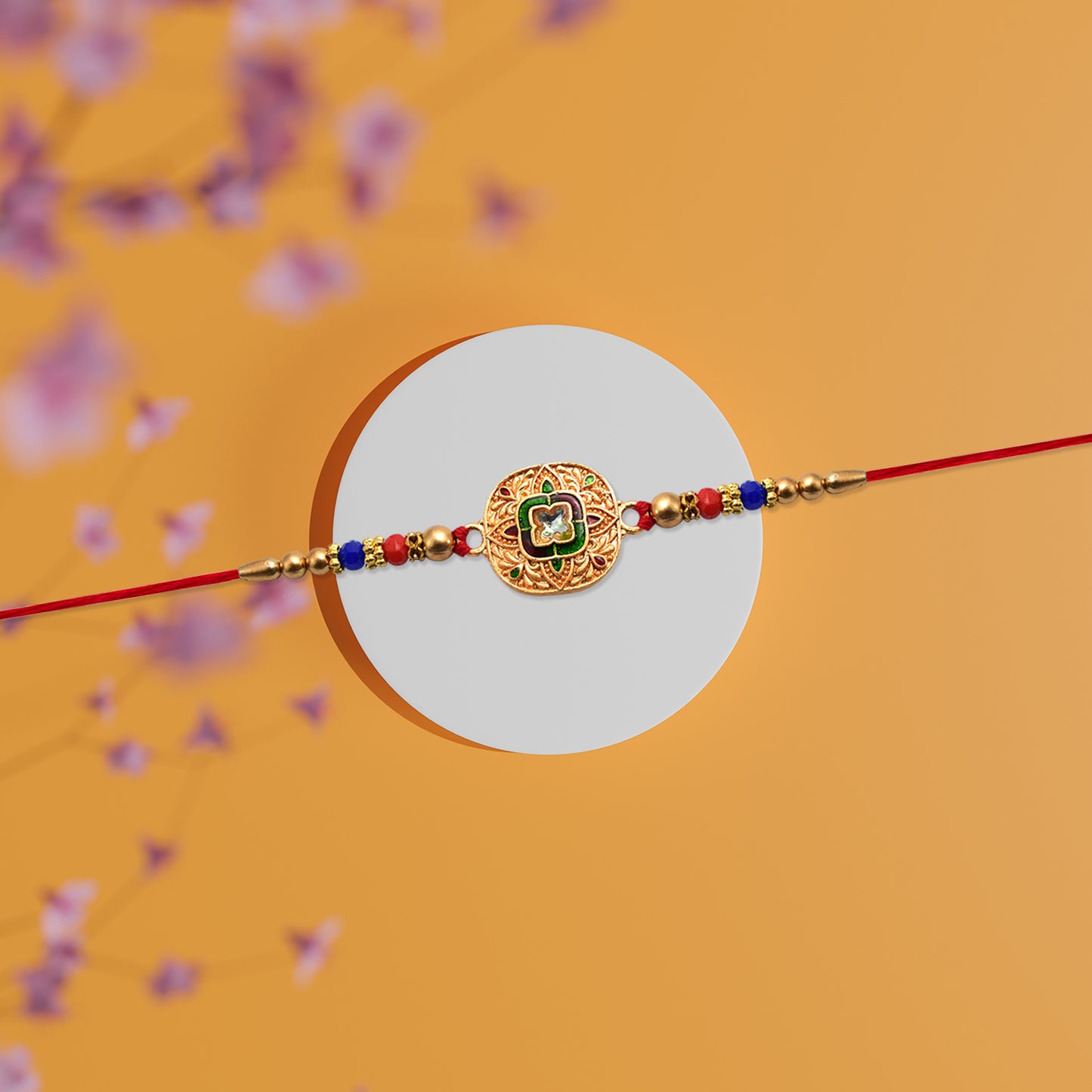 Traditional Kundan Rakhi featuring antique gold finish and multicolor beads, showcasing intricate craftsmanship and vibrant design.