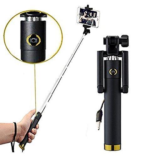 Wukusy 1347 Selfie Stick with Aux wire for smartphones, showing the extendable stick and smartphone holder in a close-up shot.