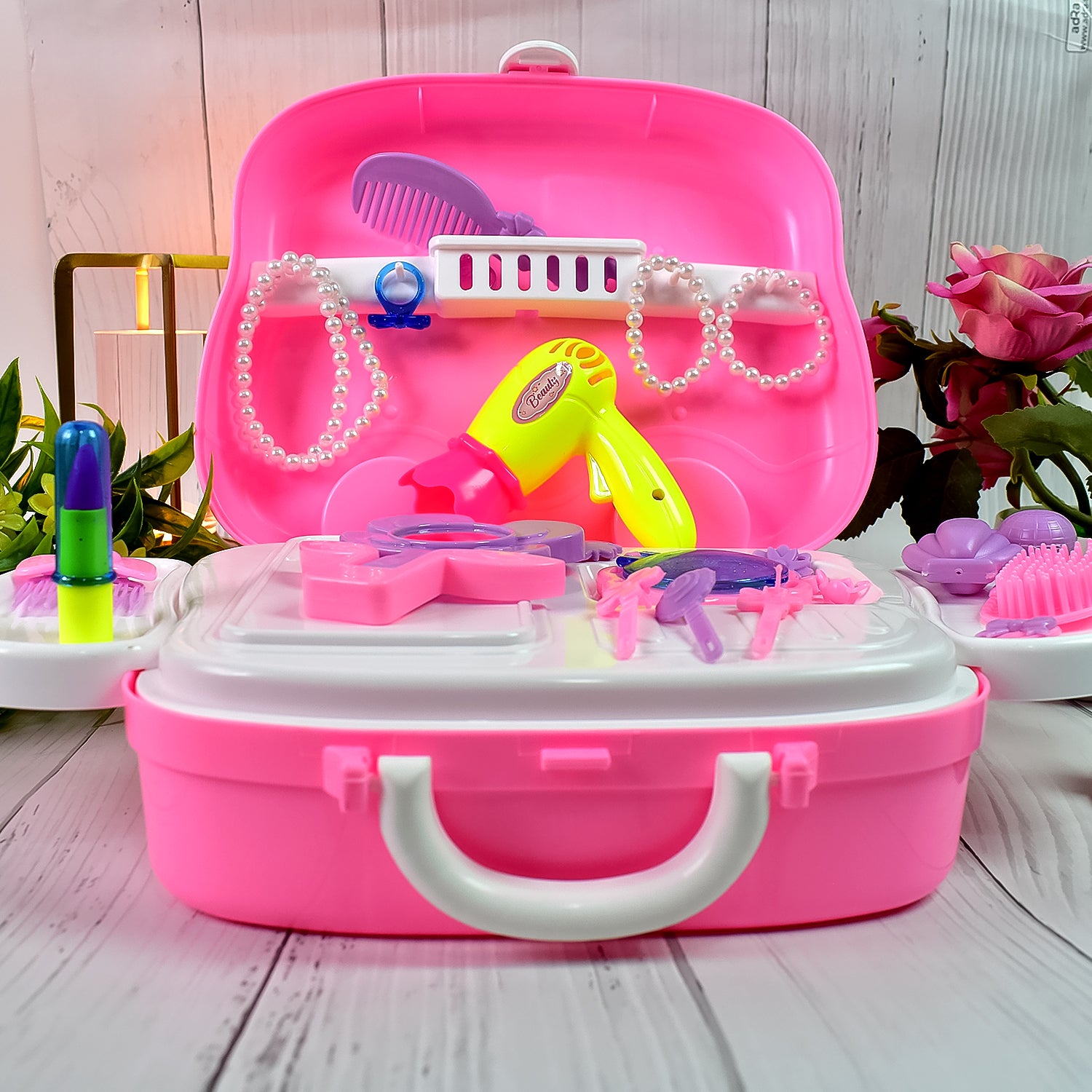 Wukusy beauty makeup case and cosmetic set for kids, featuring colorful toy makeup accessories and storage compartments.