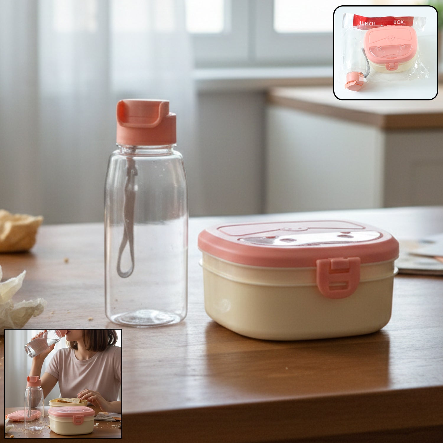 Wukusy plastic lunch box with integrated water bottle in a combo set, featuring a secure lid and portable design for meals on the go.