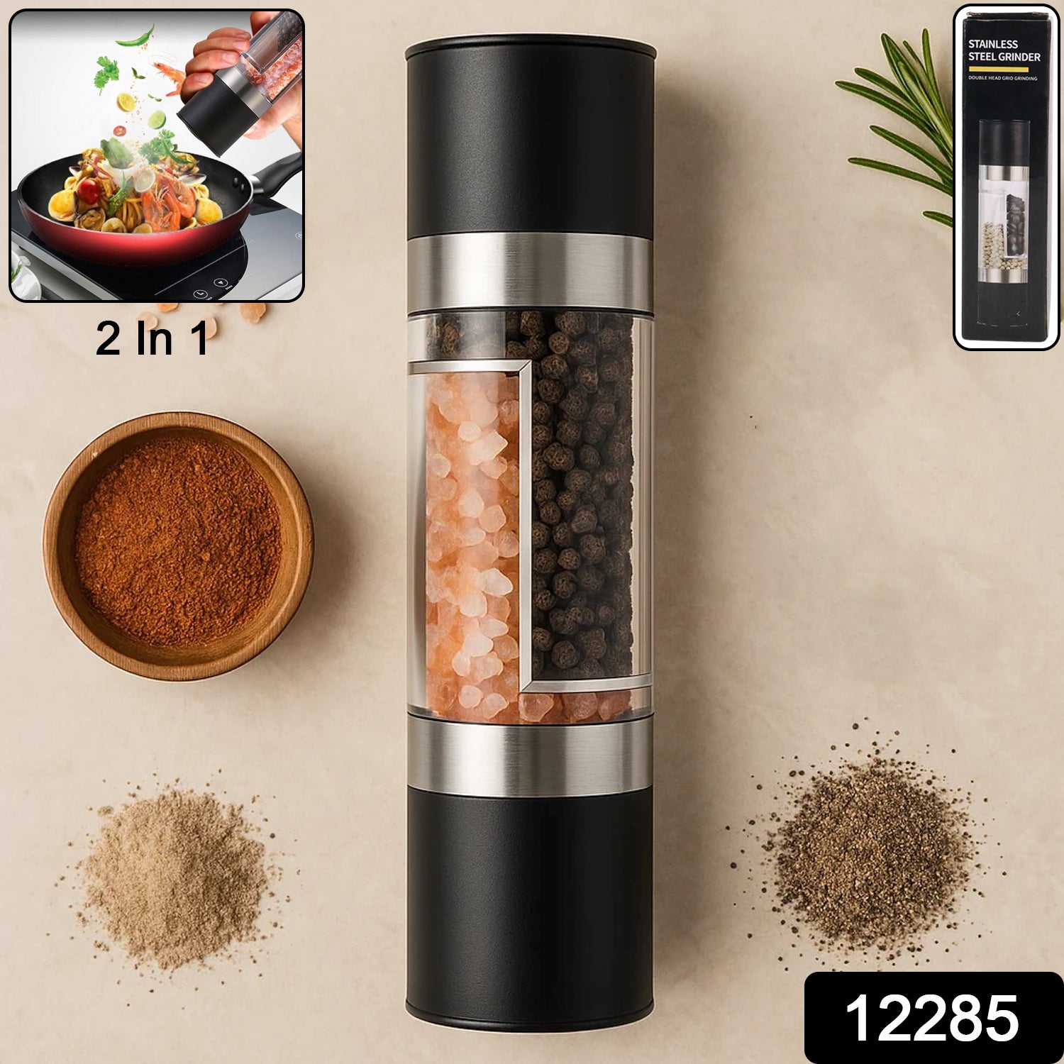 Wukusy 2-in-1 stainless steel salt and pepper grinder for kitchen, with adjustable grind settings and modern design.