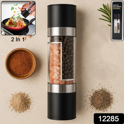 Wukusy 2-in-1 stainless steel salt and pepper grinder for kitchen, with adjustable grind settings and modern design.
