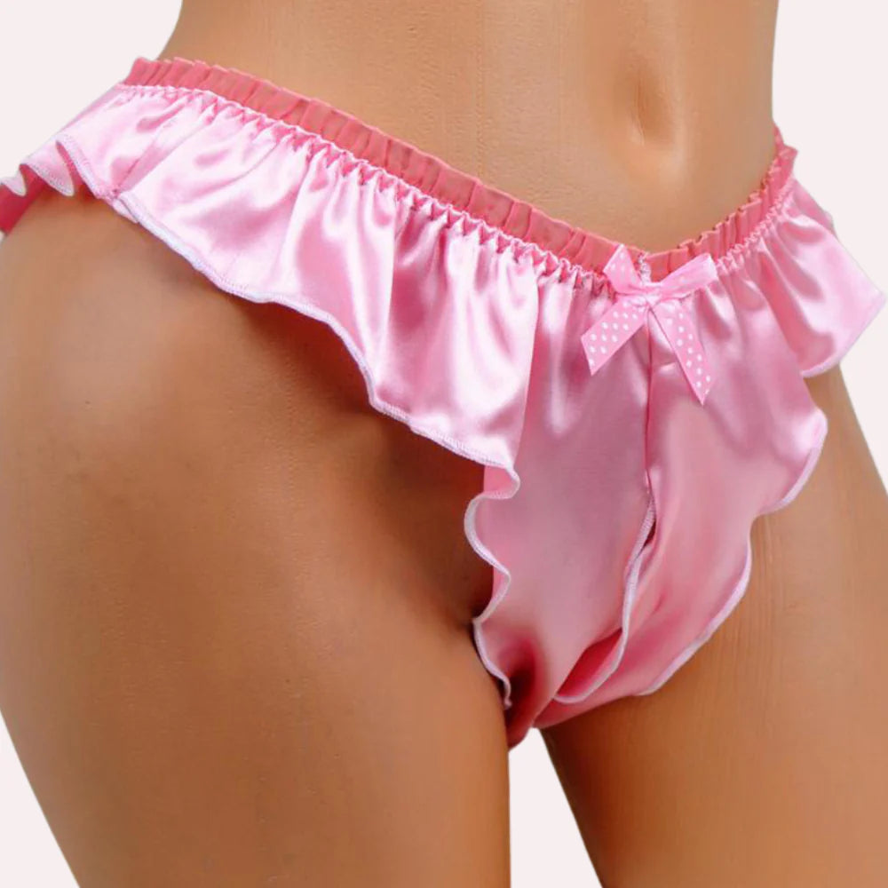 Snazzyway Vera Celeste silk satin crotchless French knickers with delicate lace detailing and smooth, luxurious fabric.