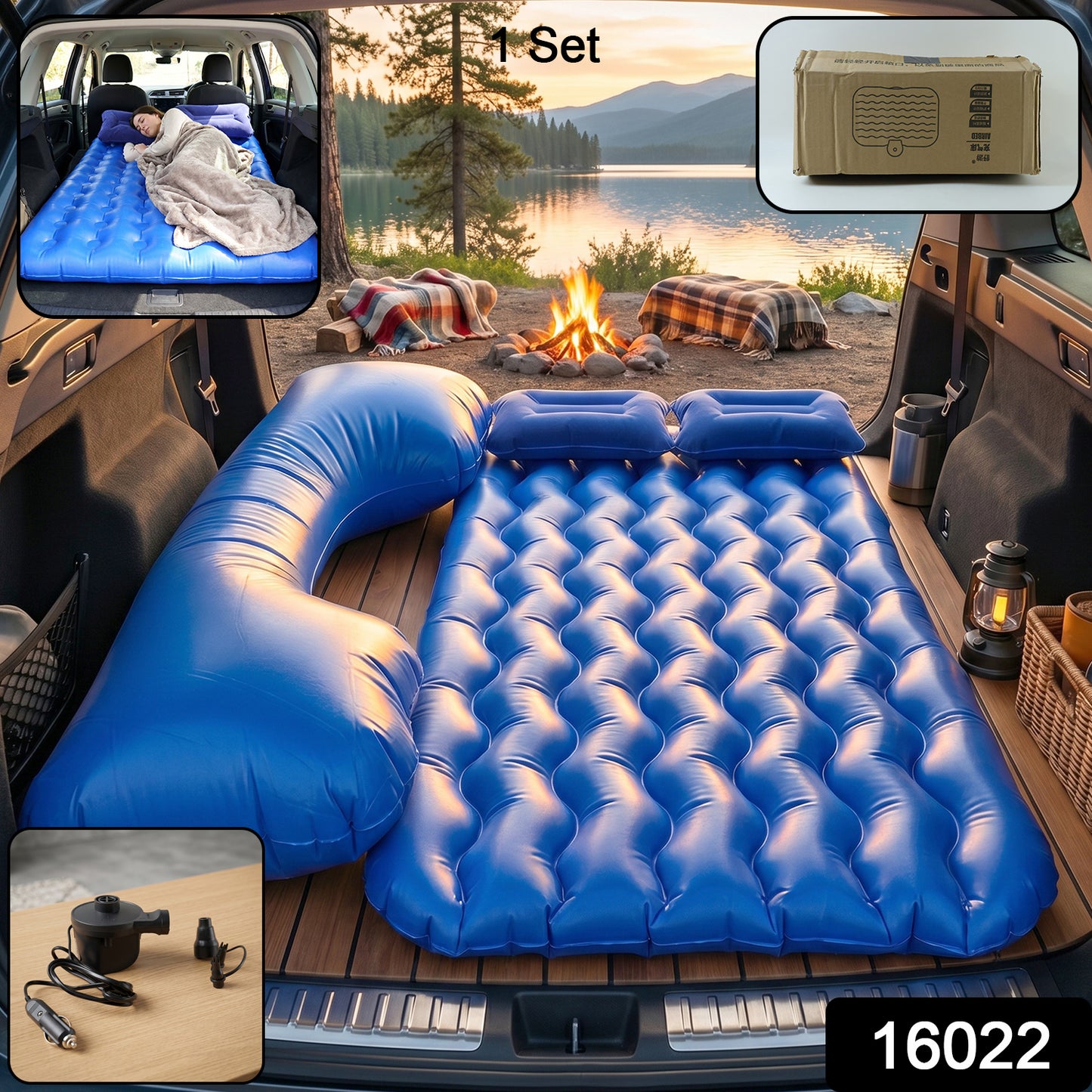 Wukusy car air mattress bed set with inflatable headrest, designed for travel comfort and relaxation inside a vehicle.