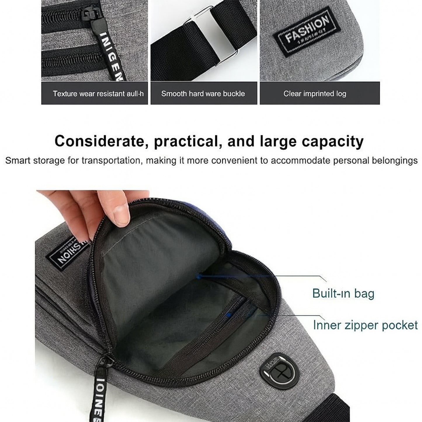 Wukusy waterproof waist bag with USB charging port and earphone hook, designed for travel and office use, black sling style.
