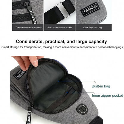 Wukusy waterproof waist bag with USB charging port and earphone hook, designed for travel and office use, black sling style.