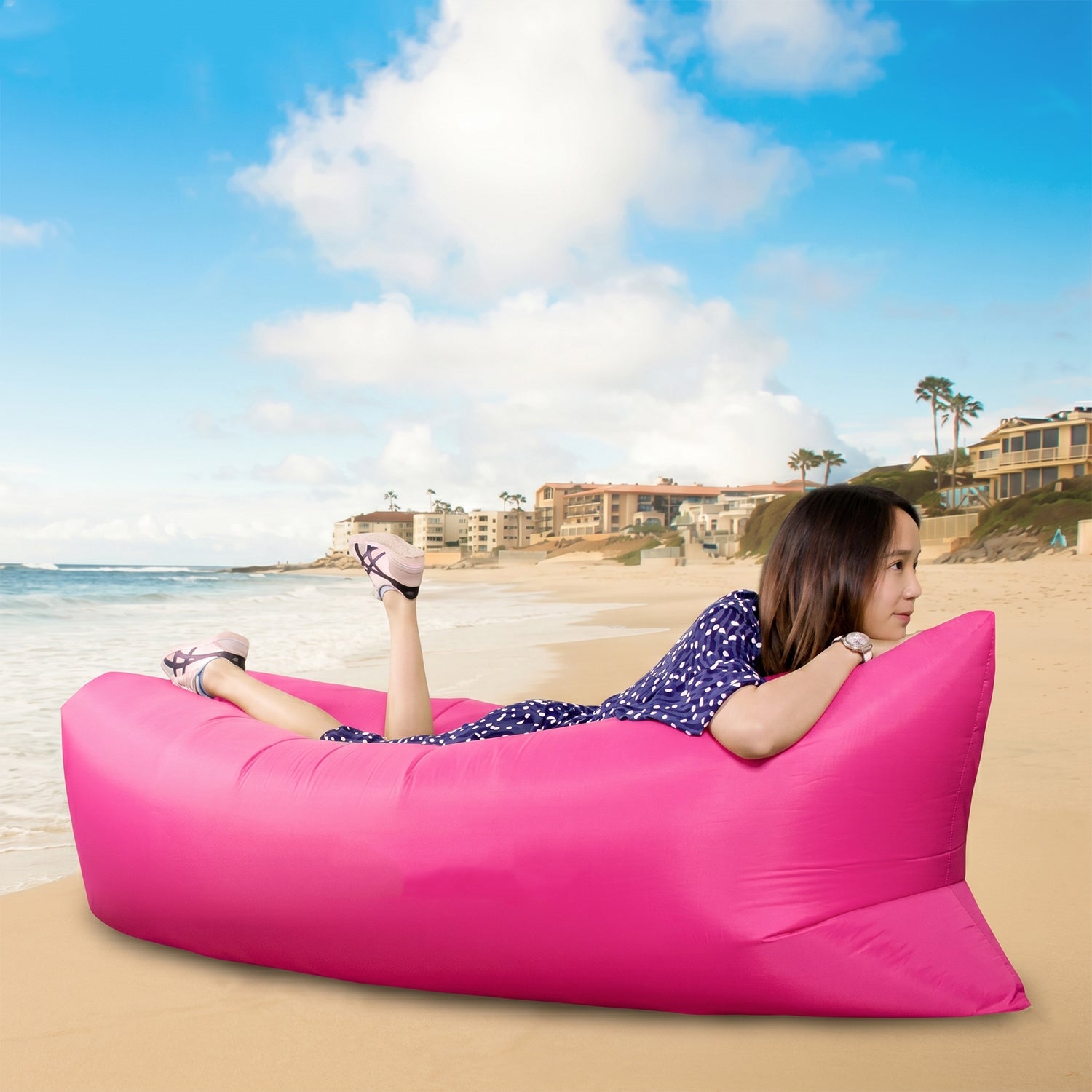 Wukusy inflatable lounger air sofa in vibrant fabric, lightweight design ideal for outdoor relaxation and lounging.