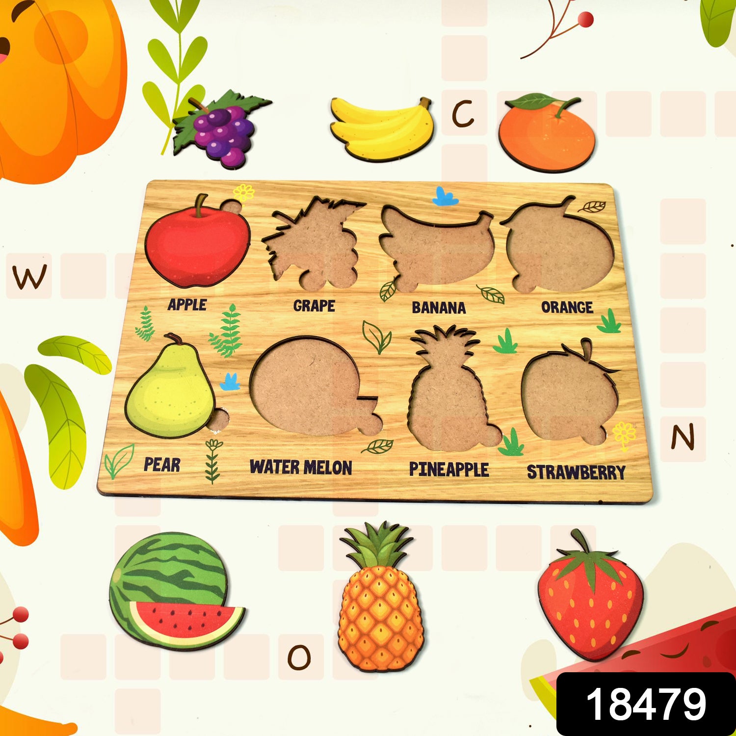 Wukusy wooden fruits puzzle educational toy set with colorful fruit pieces on a board for learning and play.
