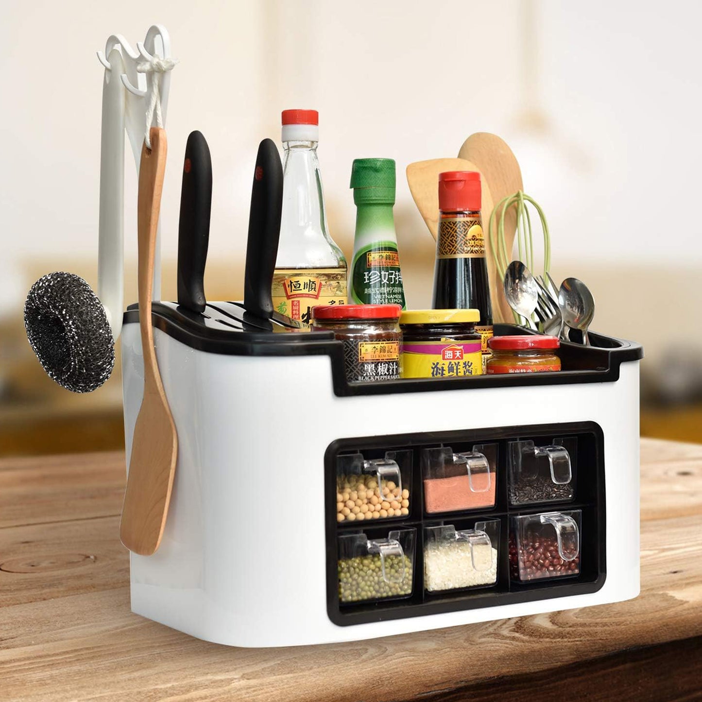 Wukusy multifunctional kitchen storage organizer rack with 6 spice containers, knife and spoon holder, and top shelf for home kitchen.