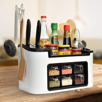 Wukusy multifunctional kitchen storage organizer rack with 6 spice containers, knife and spoon holder, and top shelf for home kitchen.
