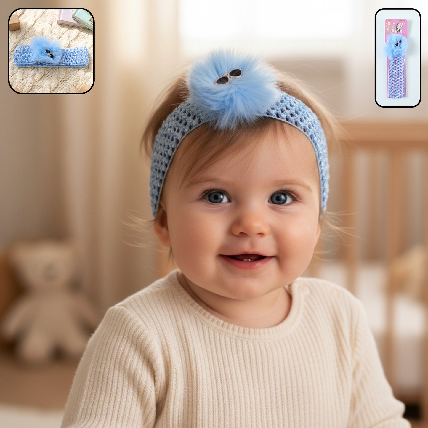 Baby girl wearing a soft elastic pink hair band with cute bow detail, Wukusy brand, close-up view of headband on her head.