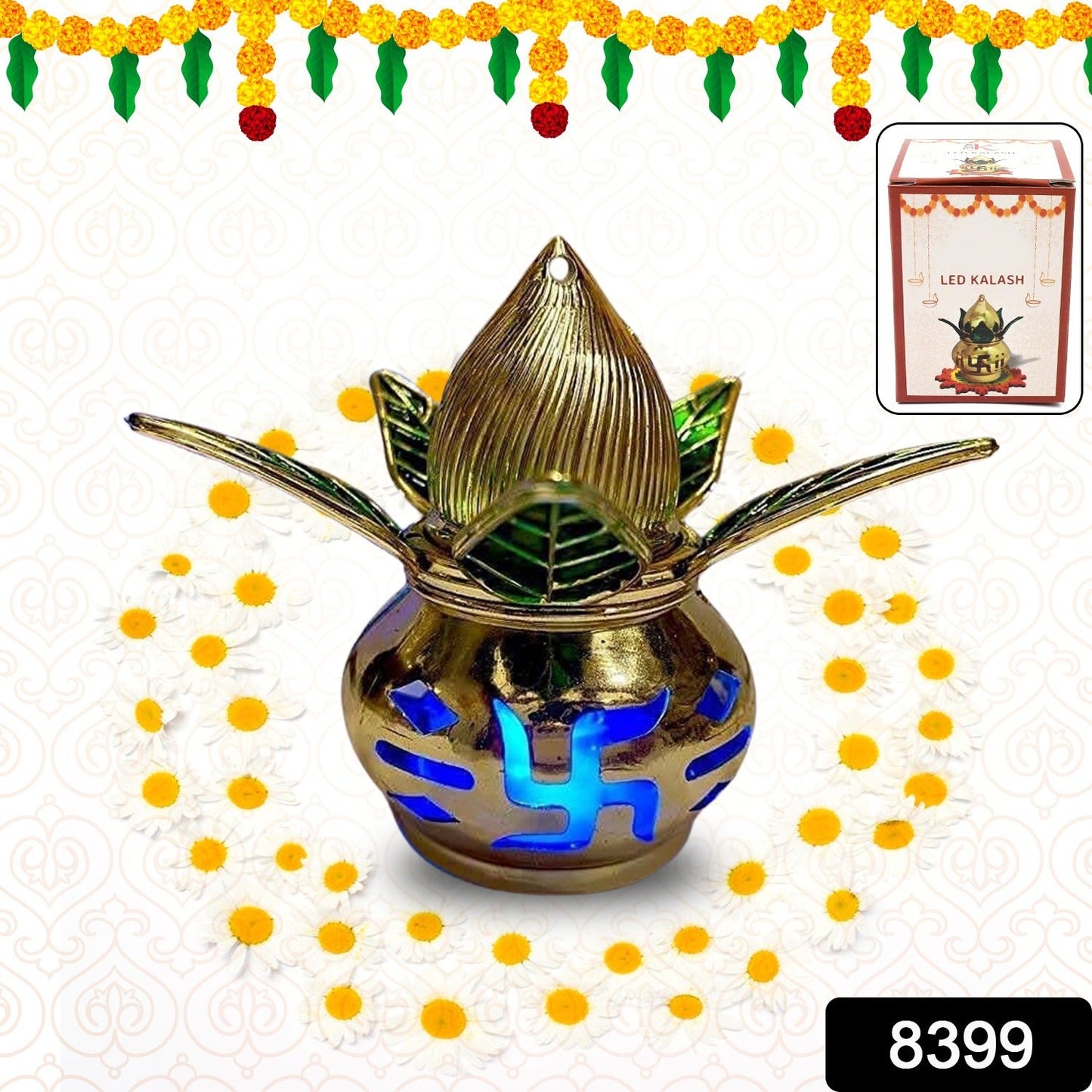 Gold plated eco-friendly LED Kalash for Pooja Mandir with multicolor LED lights, designed for home improvement and spiritual decor.