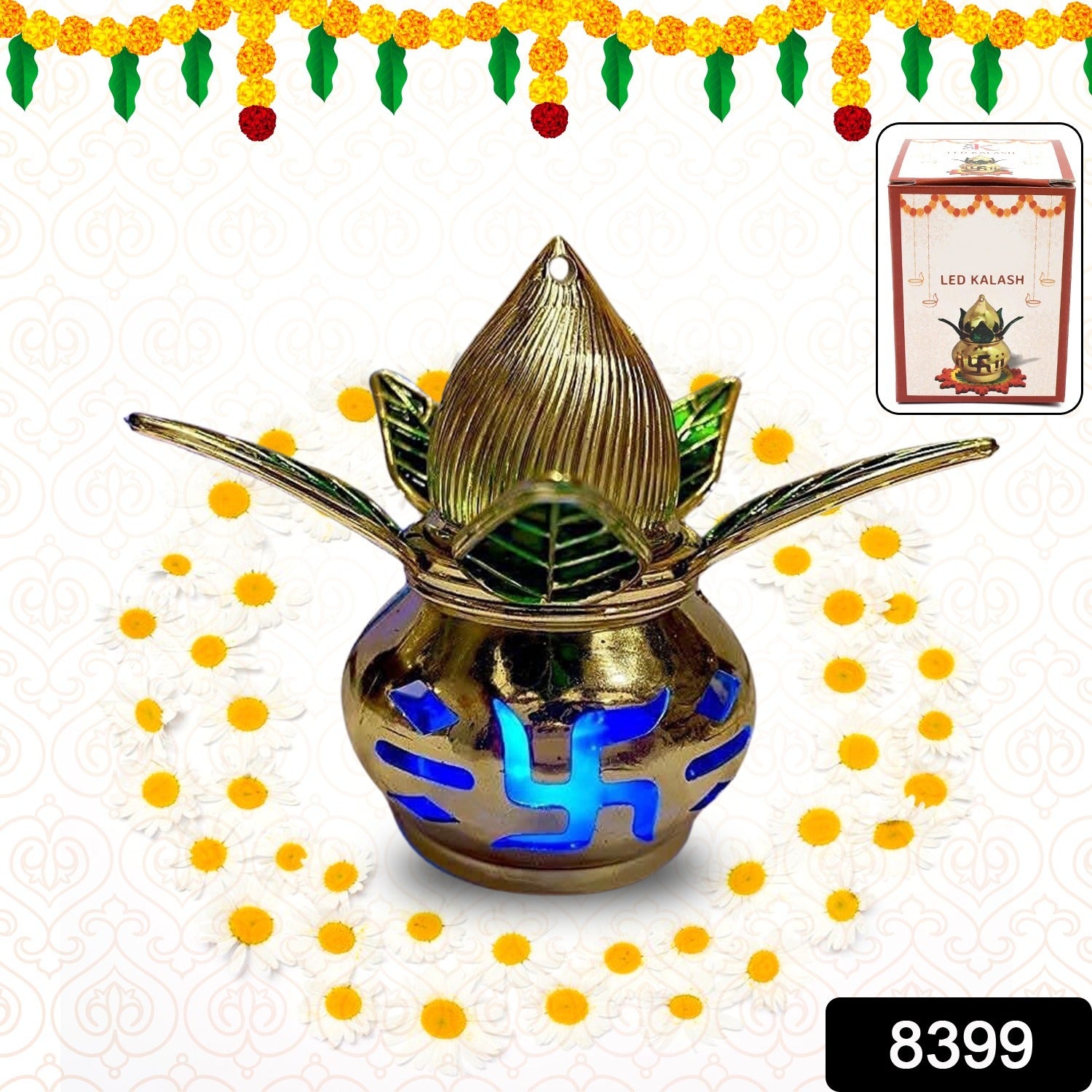 Gold plated eco-friendly LED Kalash for Pooja Mandir with multicolor LED lights, designed for home improvement and spiritual decor.