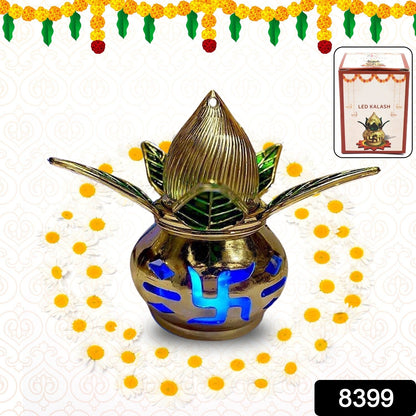 Gold plated eco-friendly LED Kalash for Pooja Mandir with multicolor LED lights, designed for home improvement and spiritual decor.