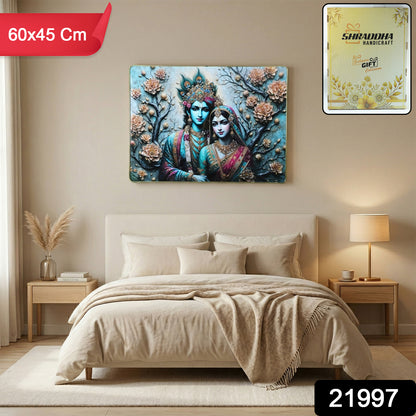Decorative wall frame featuring Radha Krishna artwork, 60x45 cm, from Wukusy, perfect for home or temple wall decor.