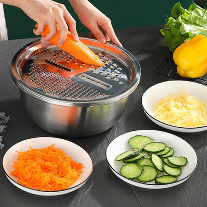 Wukusy 3-in-1 stainless steel mixing, straining, and grater bowl set with multiple attachments and ergonomic handles.