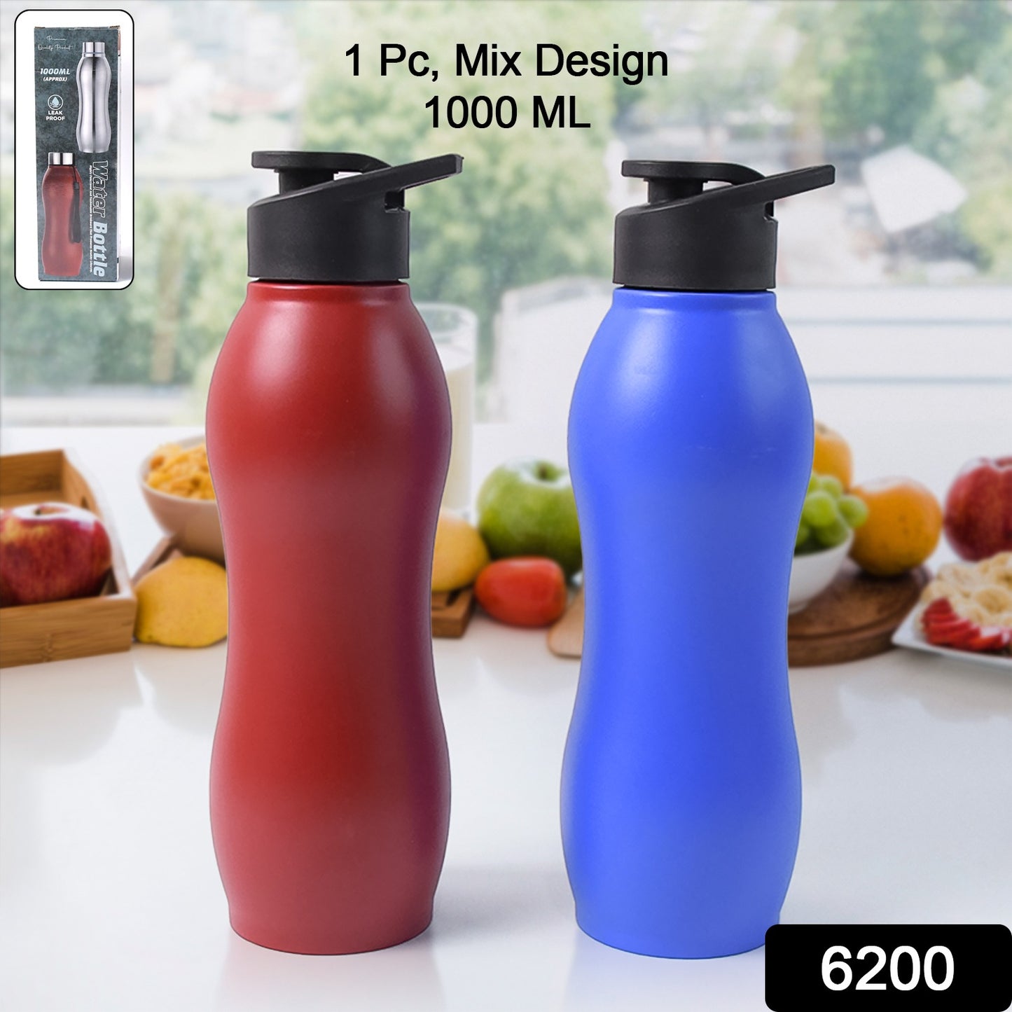 Wukusy stainless steel water bottle, 1000ml capacity, matte finish, mix of colors, single bottle, durable and leak-proof design