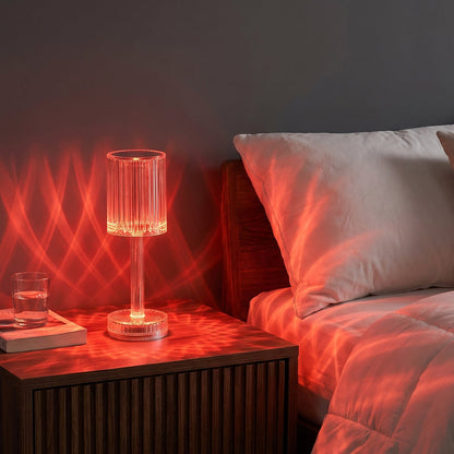 Wukusy RGB crystal LED table lamp with touch control and remote, featuring colorful lighting and modern design.