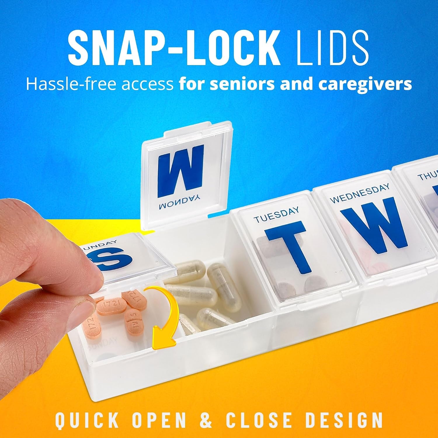 Wukusy 7-day plastic pill box organizer with daily compartments for medication management, compact and portable.