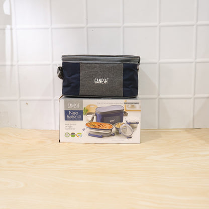 Wukusy Ganesh Neo Fusion 3 stainless steel lunch box set with three compartments and secure lids, ideal for meal storage.