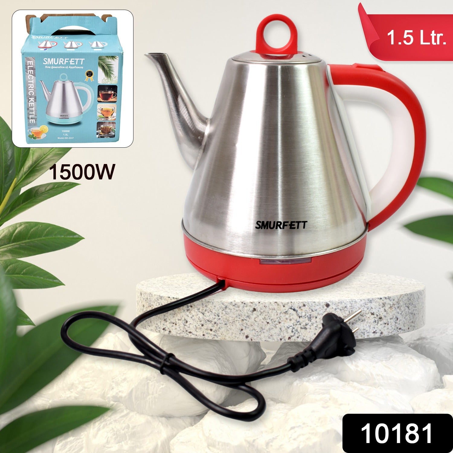 Wukusy stainless steel electric kettle with 1.5-liter capacity and 1500W power, featuring a sleek modern design for home kitchen use.
