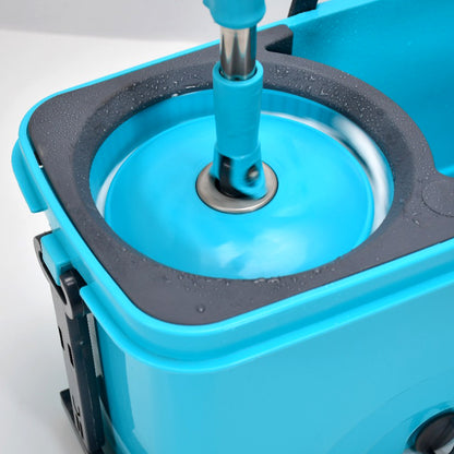 Wukusy Quick Spin Mop with plastic spin bucket, easy wheels, large capacity for efficient floor cleaning, including mop and bucket.