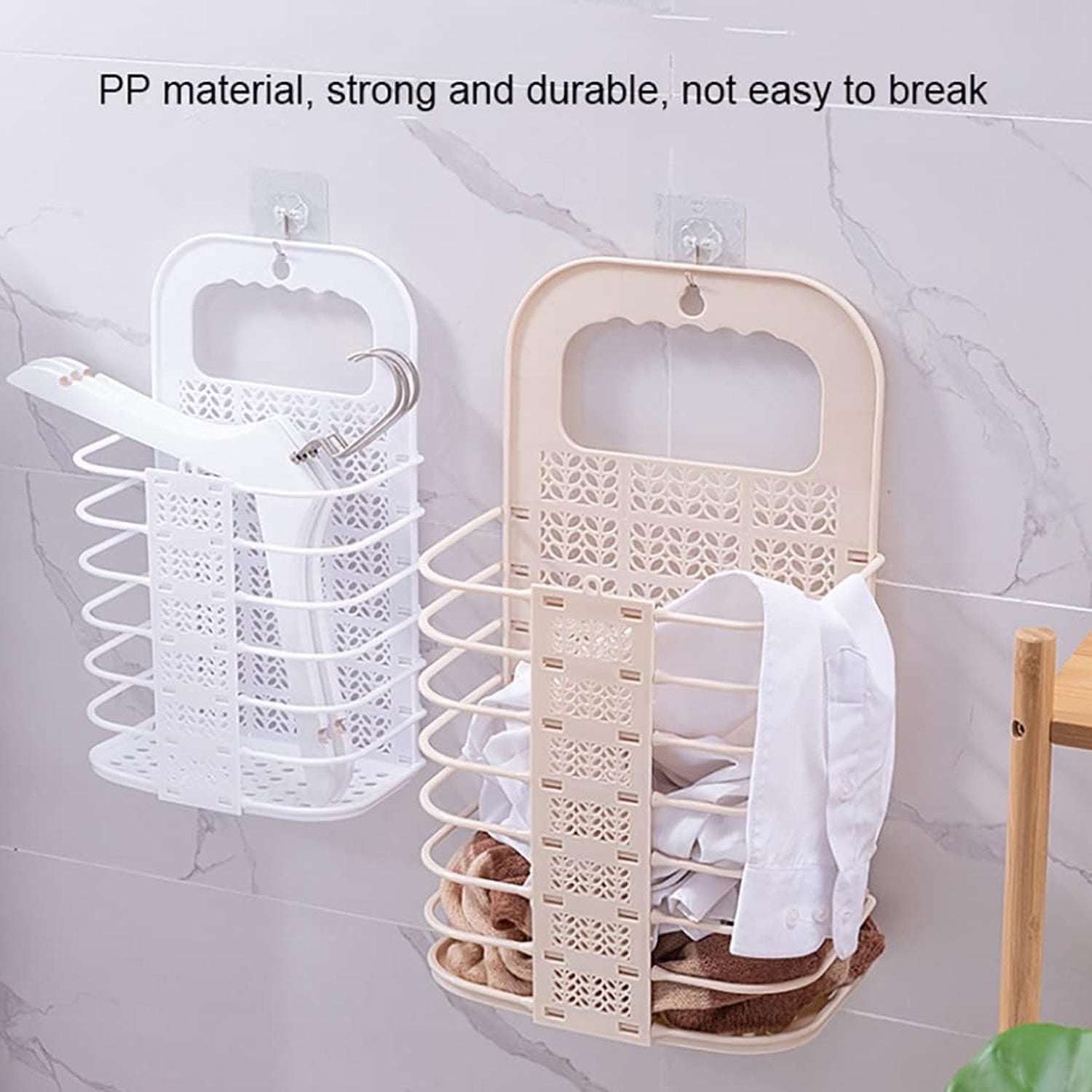 Wukusy 8145 wall hanging laundry basket with hooks, clothes hanger, and storage for dirty clothes in bathroom or laundry room