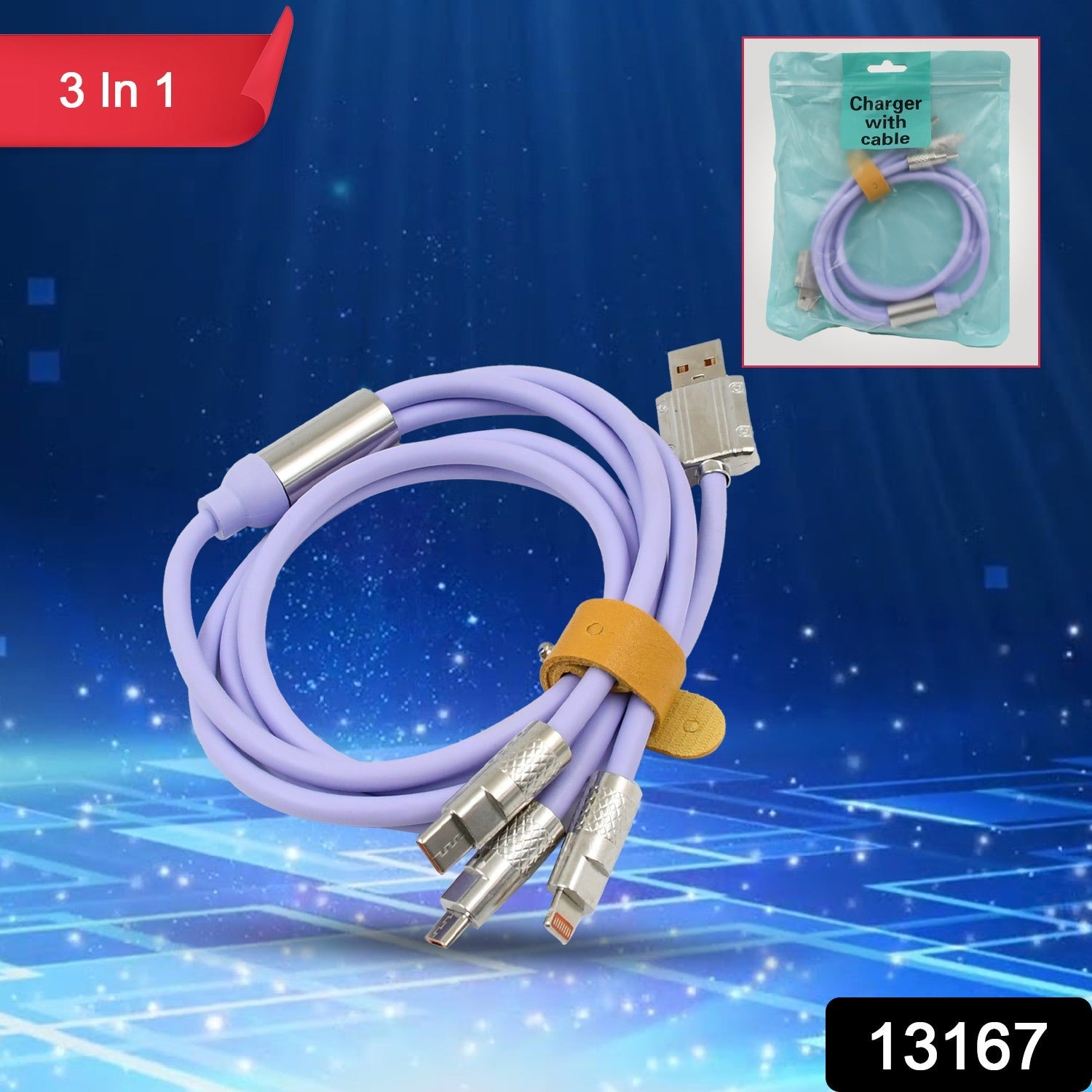 Wukusy 3-in-1 multi fast charging cable with USB-C, Lightning, and Micro USB connectors for versatile device charging.
