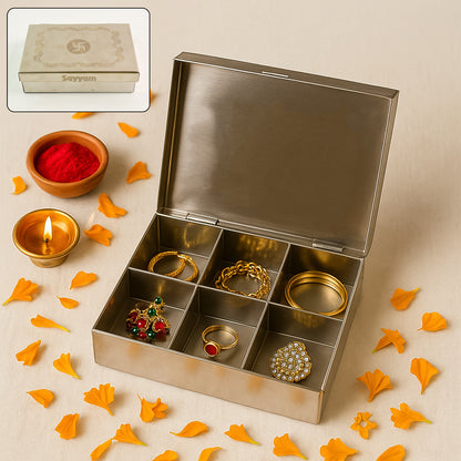 Wukusy stainless steel jewelry storage organizer box with six compartments for rings, necklaces, and accessories.