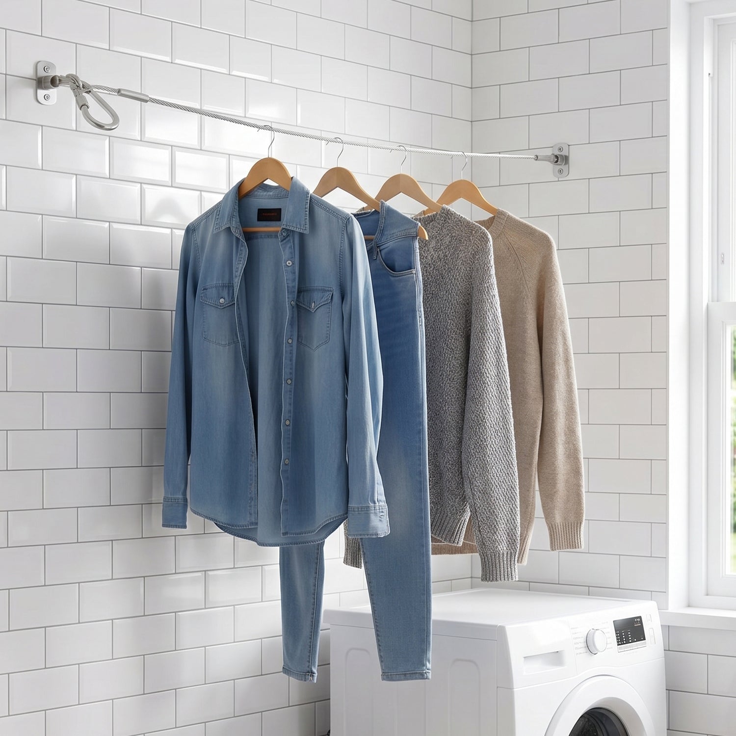Heavy duty steel wire rope clothesline with 5 meters length and carabiner hooks, ideal for outdoor laundry drying.