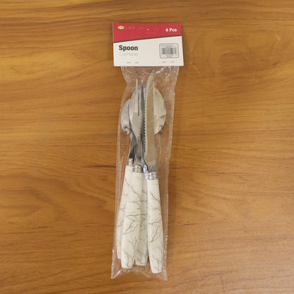 Wukusy stainless steel cutlery set with four pieces featuring marble design handles on forks, knives, and spoons.