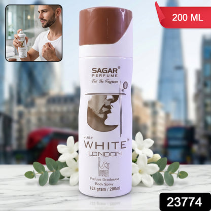 Wukusy Sagar Just White London perfume body spray deodorant for men, 200ml bottle with sleek white packaging and modern design.