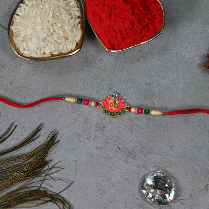 Wukusy Ganesh Lotus Leaf Designer Motif Rakhi featuring intricate patterns and vibrant colors for Indian festival celebrations.