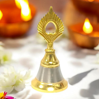 Brass and steel temple ghanti (pooja bell) decorative spiritual accessory for home decor, featuring intricate design and craftsmanship.