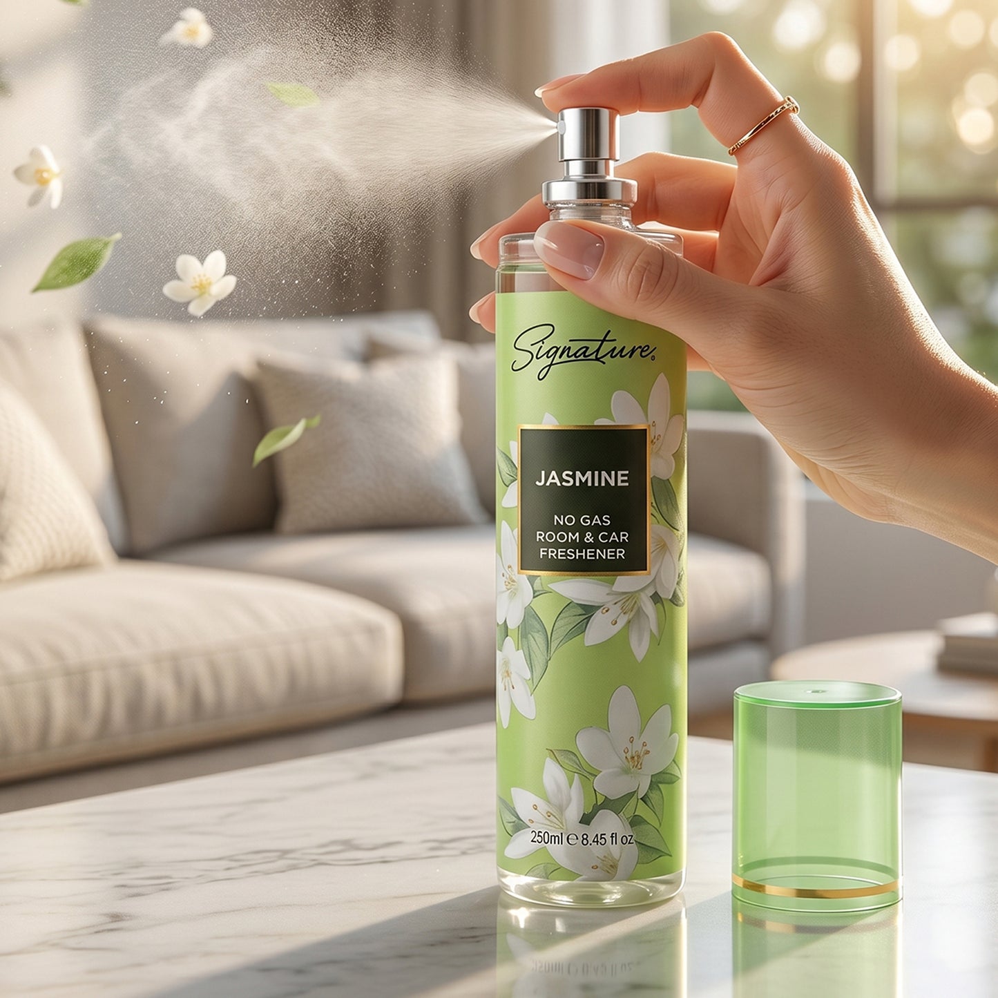 Wukusy Signature Jasmine Room Car Freshener Spray 250ml bottle with jasmine scent and sleek design.