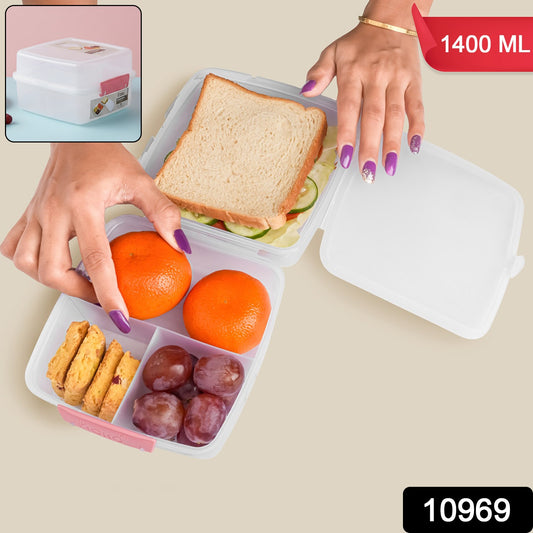 Wukusy large and small multipurpose lunch box with three compartments, 1400 ml capacity, for home and kitchen use.