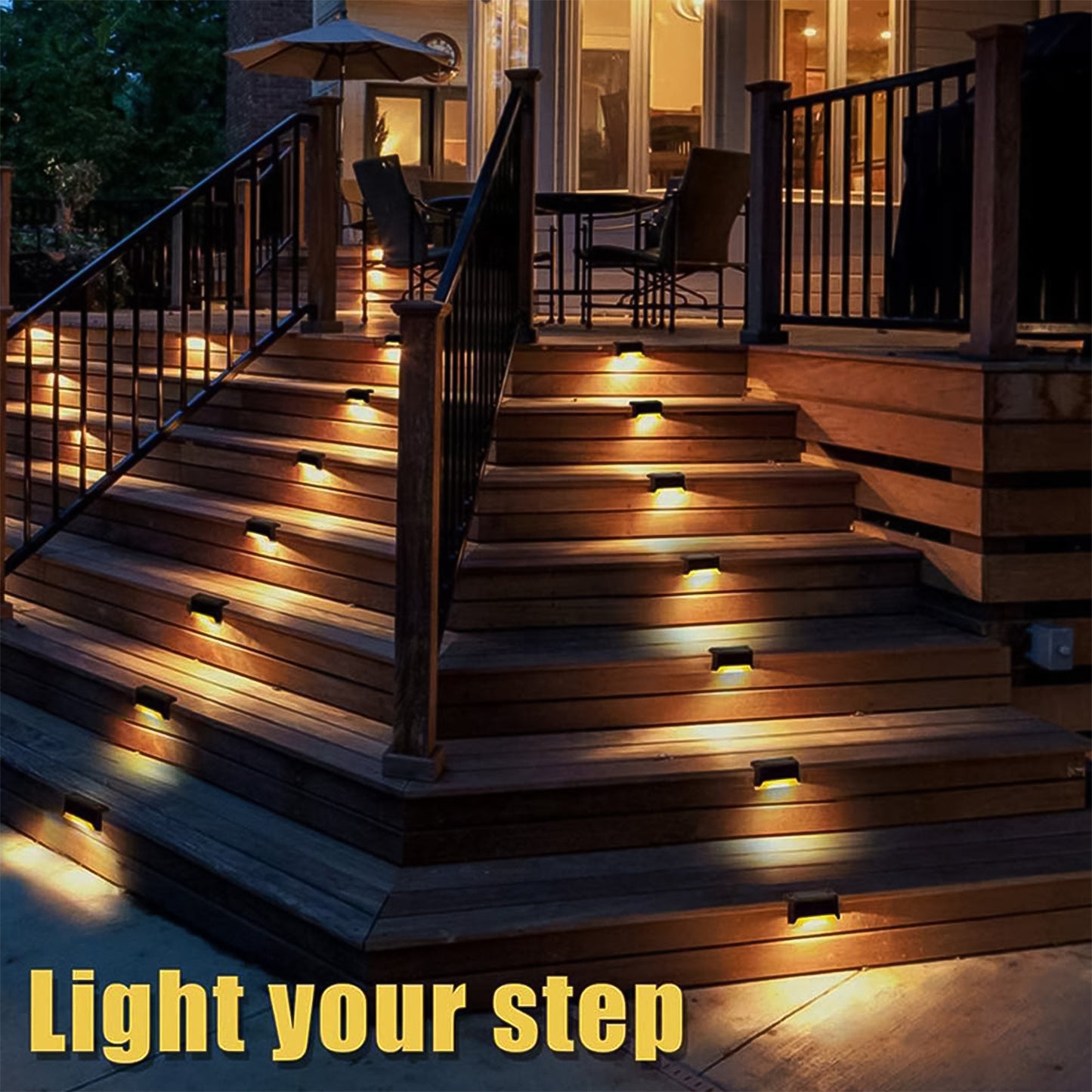 Wukusy 9412 waterproof solar garden decorative lights, illuminating stairs, pathways, and fences in outdoor patio and courtyard settings.